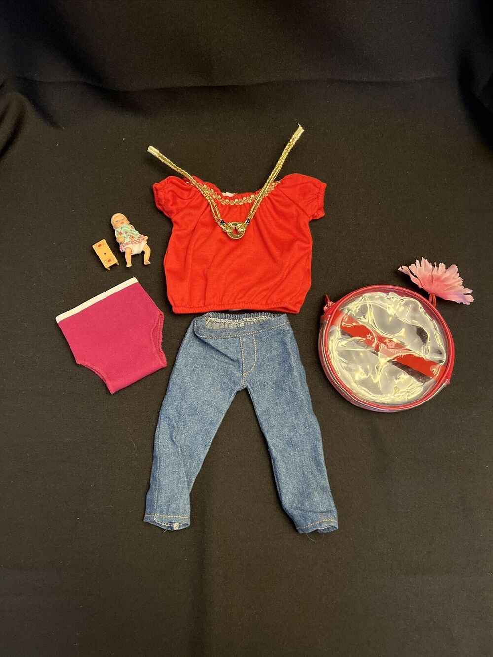 American Girl Outfit Red T Shirt, Jeans, Necklace, Undies, Bag, Tiny Baby Doll